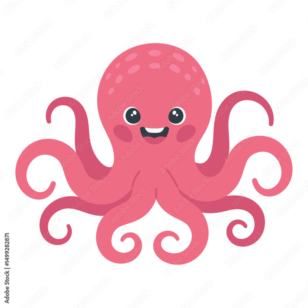 Cute cartoon pink octopus isolated on white background. Flat vector sea animal illustration for children’s content, stickers, posters, and educational materials Cute cartoon pink octopus isolated on white background. Flat vector sea animal illustration for children’s content, stickers, posters, and educational materials