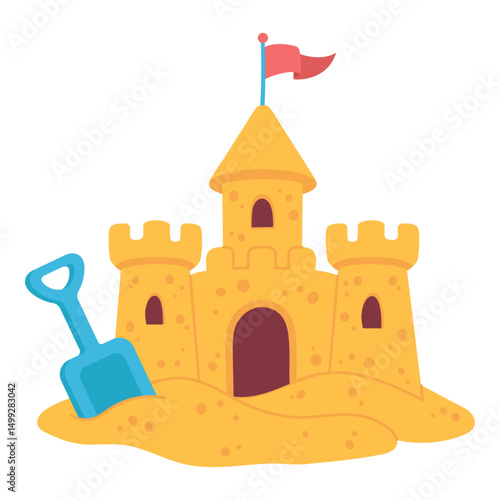 Sand castle with shovel on white background, playful summer beach illustration