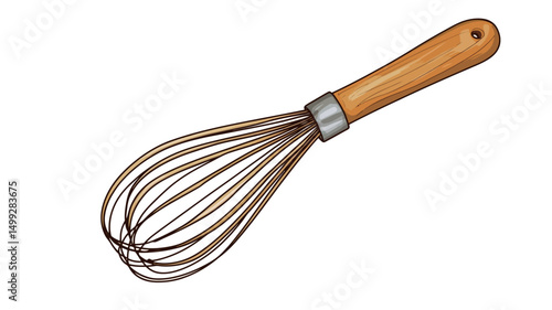 Close-up studio shot of a wire whisk with a wooden handle against a plain white background. The whisk is angled diagonally across the frame. The wooden handle is light brown with a visible grain,.