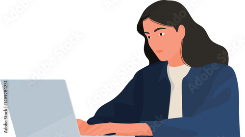 The image is a digital illustration depicting a young woman with dark hair, wearing a blue blazer and light cream colored top, sitting at a table and working on a silver laptop computer.
