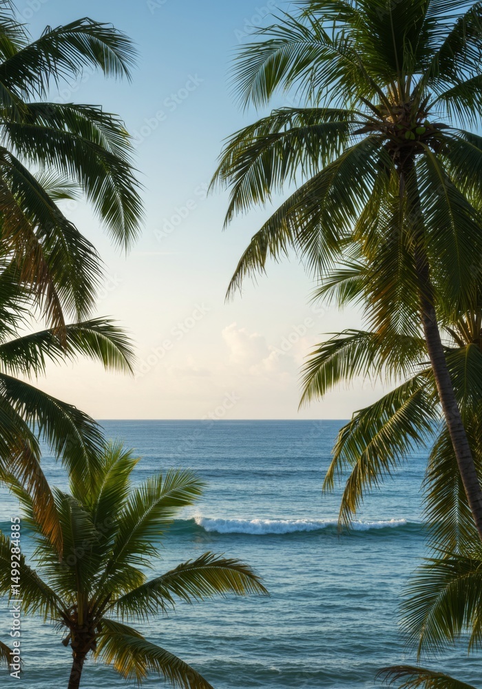 Fototapeta premium Tranquil Ocean View Through Lush Palm Trees