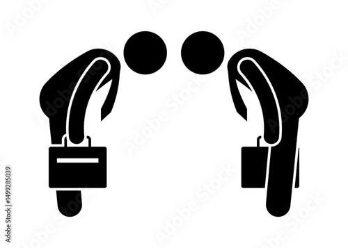 Stick figure stickman icon, human silhouette two businessmen bow to each other in respect.