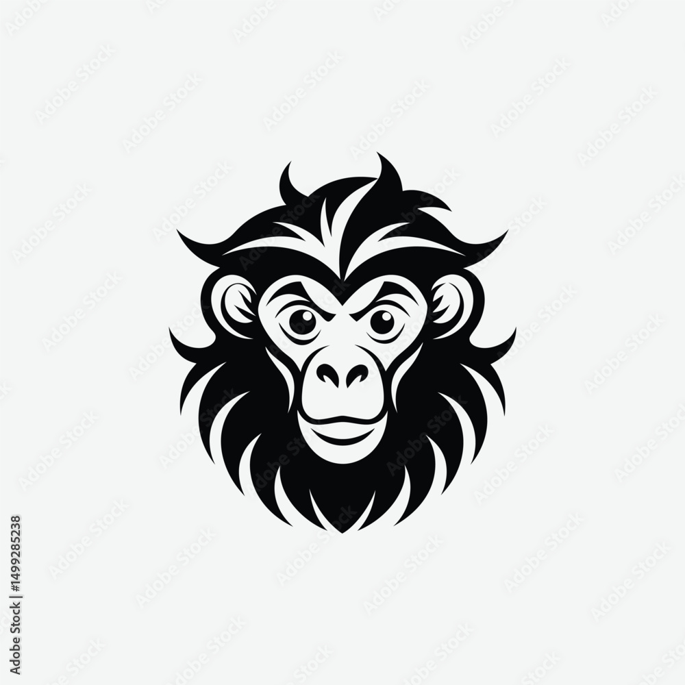 Obraz premium Abstract Monkey Face Silhouette with Flowing Mane – Tribal Art Style in Black and White Design