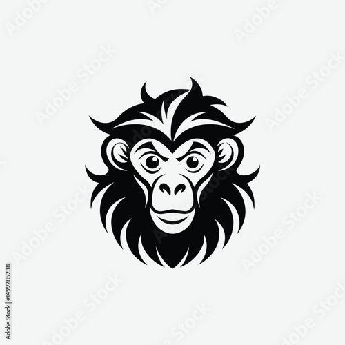 Abstract Monkey Face Silhouette with Flowing Mane – Tribal Art Style in Black and White Design