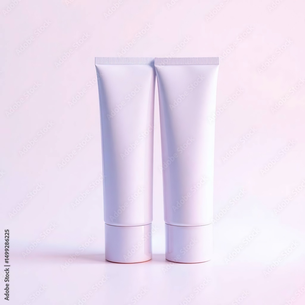 Two identical, blank, white tubes, possibly for cosmetic product, against a light purple background Two identical, blank, white tubes, possibly for cosmetic product, against a light purple background