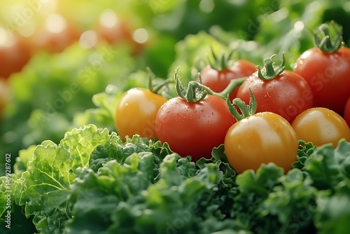 Fresh ripe tomatoes and green lettuce in garden