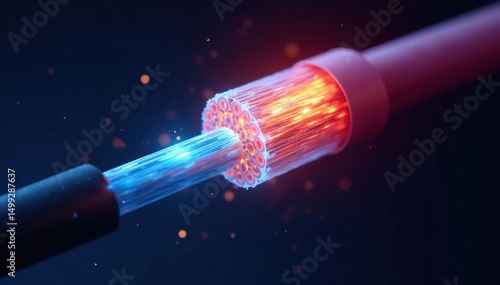 Cross-section of illuminated fiber optic cable , fiber optics technology, fusion splicing