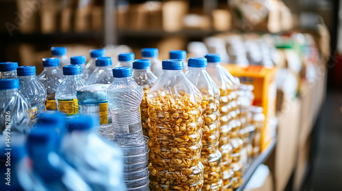 Rows of peanuts and pure water bottled for a local store symbolizing a community prepared for a hurricane season with