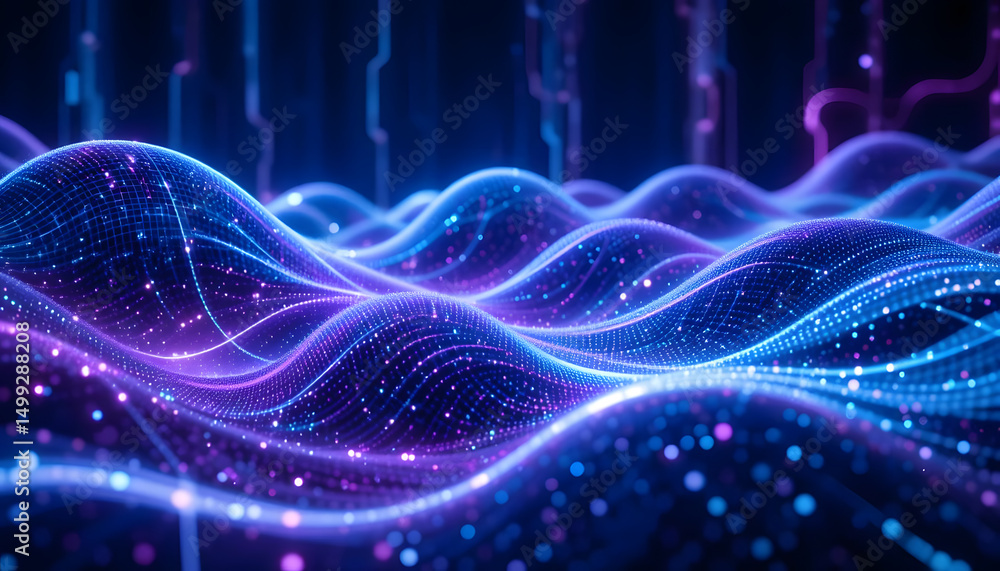 Obraz premium Futuristic digital waves, electric blue and purple, glowing circuits, motion blur effect, 8K