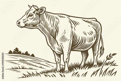Farm Cow Portrait – Rustic Engraving Style Illustration