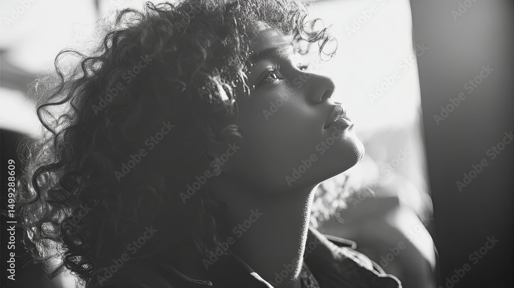 Fototapeta premium Curly Haired Woman Looking Up in Natural Light