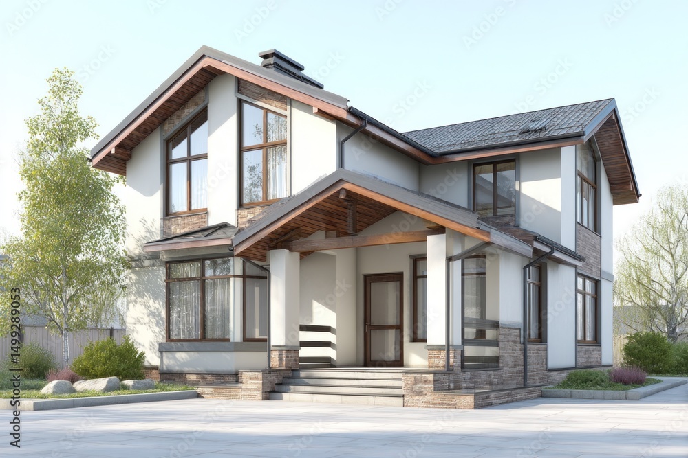 A stylish two-story house features expansive windows and a well-designed entrance in a peaceful neighborhood under a blue sky A stylish two-story house features expansive windows and a well-designed entrance in a peaceful neighborhood under a blue sky