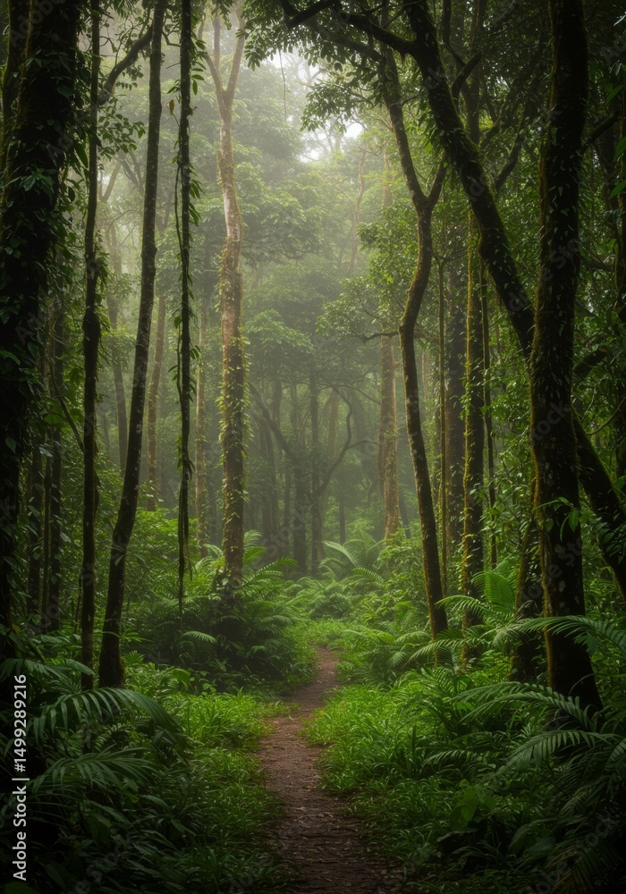 Fototapeta premium Misty Forest Path: Lush Green Canopy and Overgrown Trail