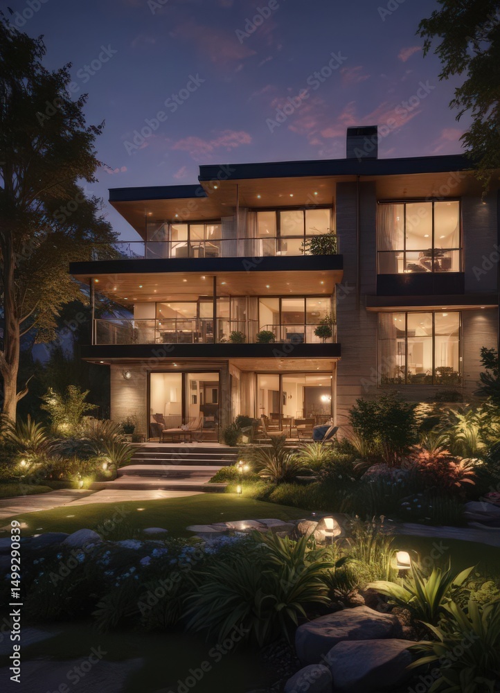 Fototapeta premium Evening glow illuminates stylish home exterior, lush landscaping , illuminated, shadows, scene
