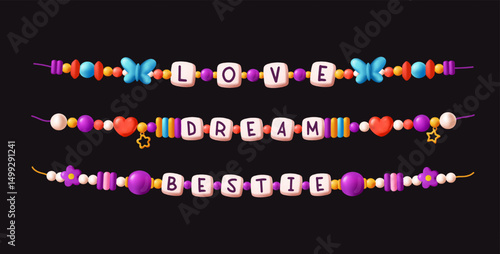 Three colorful friendship bracelets with beads forming words like LOVE, DREAM, and BESTIE, shown in a playful graphic style on a dark background. Concept of friendship charm. Vector illustration
