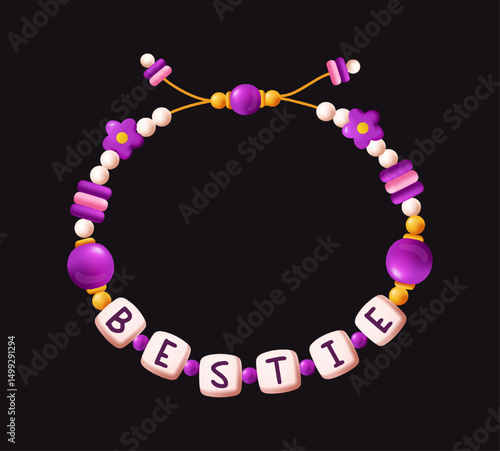 Friendship bracelet made of purple, pink, and yellow beads spelling BESTIE, cartoon style on a black background. Concept of friendship and bonding. Vector illustration