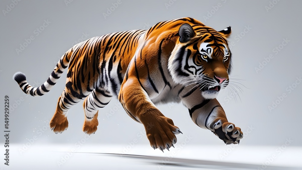 Fototapeta premium A strong and magnificent Bengal tiger was captured while jumping, its muscles tense and fur detailed, eyes focused, leaping with dynamic energy.
