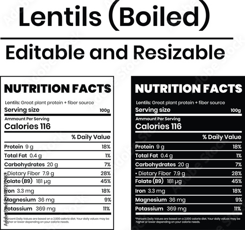 Nutrition Facts of Lentils, Nutrition Level, Supplement Fact, Supplement Level Isolated on White and Black Background