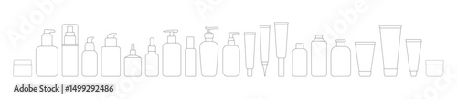 Shampoo and Skincare Bottle Icon Set. Vector Line Silhouettes of Cosmetic Containers, Jars, Tubes and Pumps