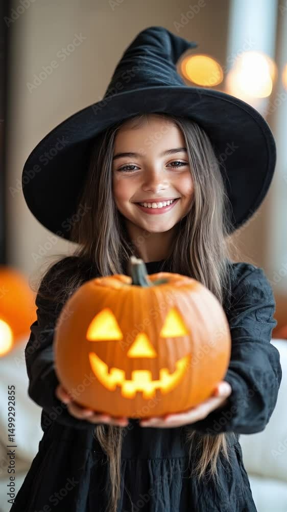 Video of a young girl in a witch costume holding a glowing carved pumpkin and presenting it to the viewer with a forward motion gesture. Captures the festive spirit and magic of Halloween. Video of a young girl in a witch costume holding a glowing carved pumpkin and presenting it to the viewer with a forward motion gesture. Captures the festive spirit and magic of Halloween.