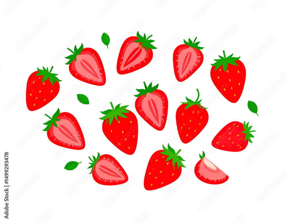 Vibrant illustration of whole and halved strawberries, arranged artistically against a black backdrop Vibrant illustration of whole and halved strawberries, arranged artistically against a black backdrop