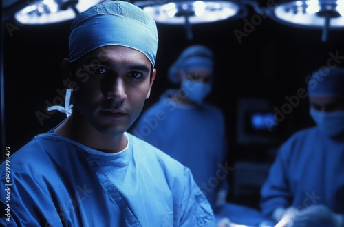 Focused Indian surgeon, crisp blue scrubs, studio-quality soft lighting with a hint of rim light