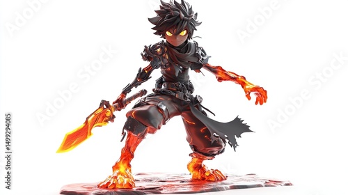 A stylized, dark-haired boy, rendered in 3D, stands in a battle pose, wielding a fiery blade. His skin is grey, his arms and legs are partly mechanical, and flames engulf his lower extremities