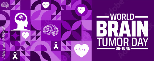 World Brain Tumor Day geometric shape pattern Banner or background. June 8th Awareness Illustration with Brain Silhouette and Red Target. Use to any Template, card, poster, placard, template.