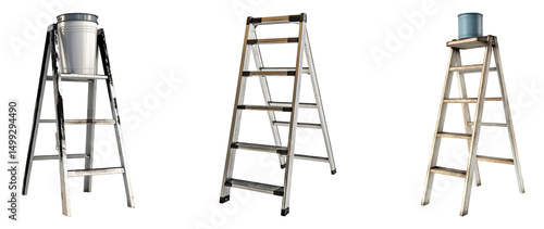 Set of various short ladder with paint bucket isolated on transparent background