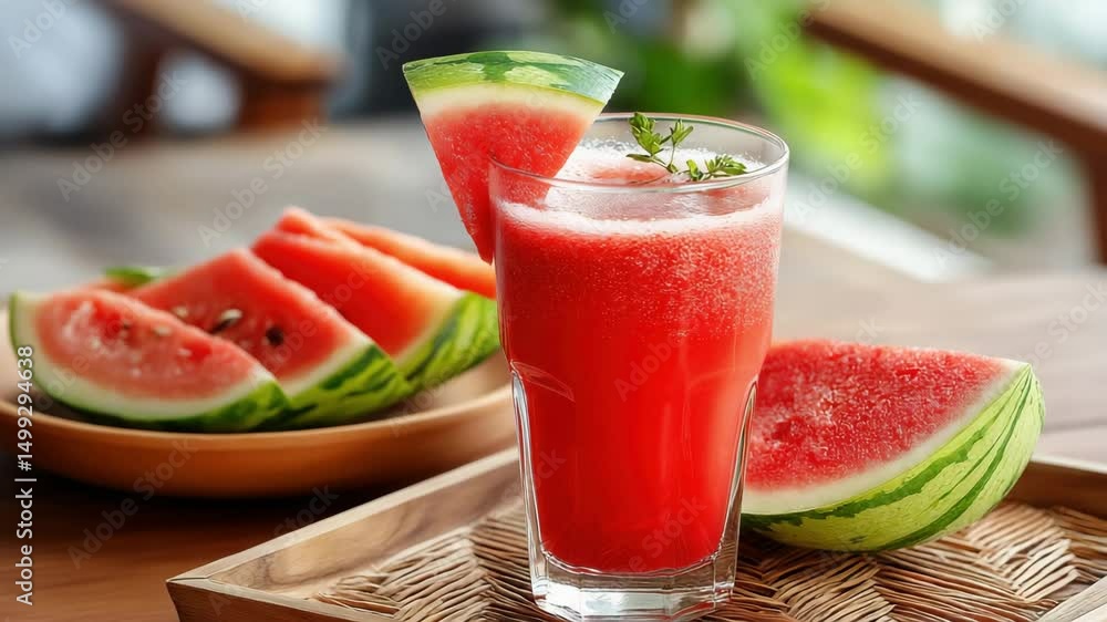 Refreshing glass of watermelon juice garnished with a slice and surrounded by fresh watermelon wedges on a wooden surface. Refreshing glass of watermelon juice garnished with a slice and surrounded by fresh watermelon wedges on a wooden surface.