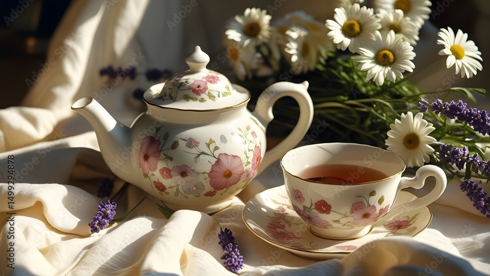Fototapeta premium Hot morning tea with flowers on a breakfast table