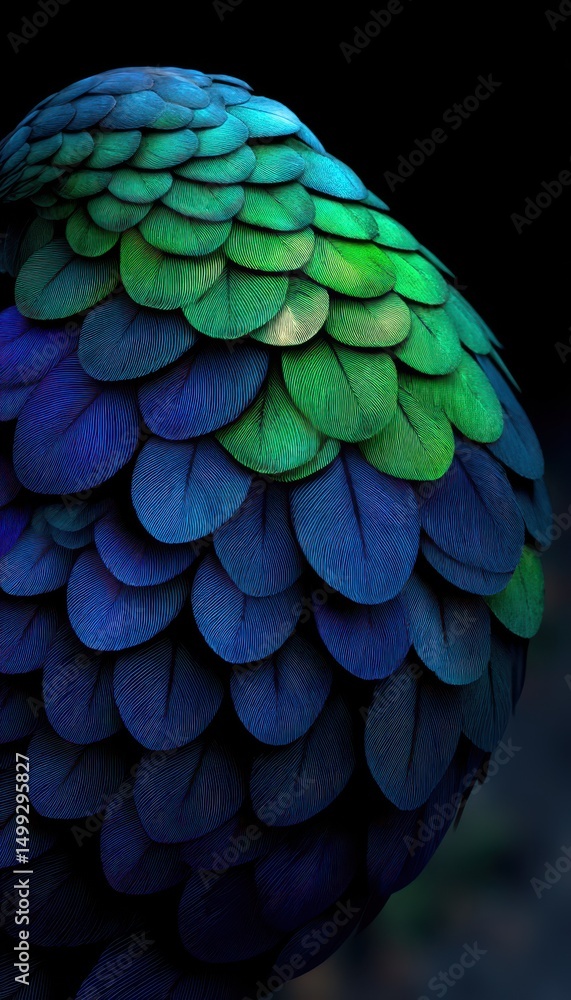 Fototapeta premium Niebiesko-zielone pióra ptaka, makro fotografia