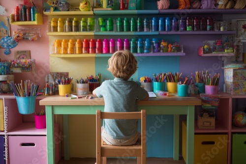 Young child seated at desk, back view, vibrant colorful room, shelves and storage for drawing materials, learning space
