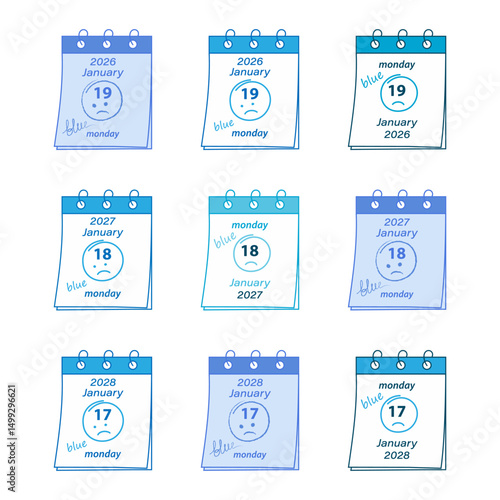Spring bound calendar pages Blue Monday Date and Hand Drawn Sad emoticon around and text blue Bundle