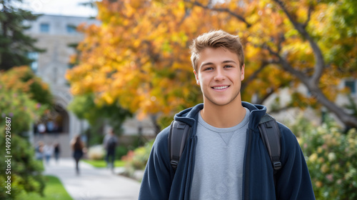Young man student with backpack standing on a tree-lined campus path, fall foliage ablaze in orange and yellow hues, smiling at the camera with blurred university buildings in the