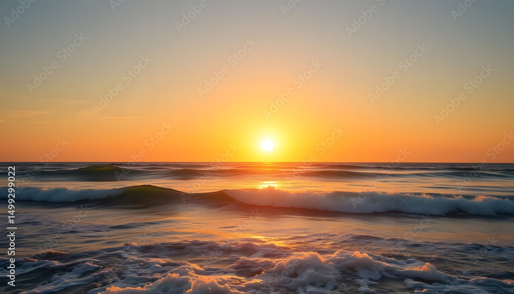Obraz premium Golden sunset over the ocean, waves crashing gently, warm summer breeze, 8K