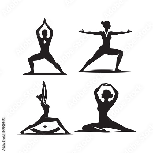 warrior pose vector silhouette clip art logo design illustration. international yoga day. meditation collection