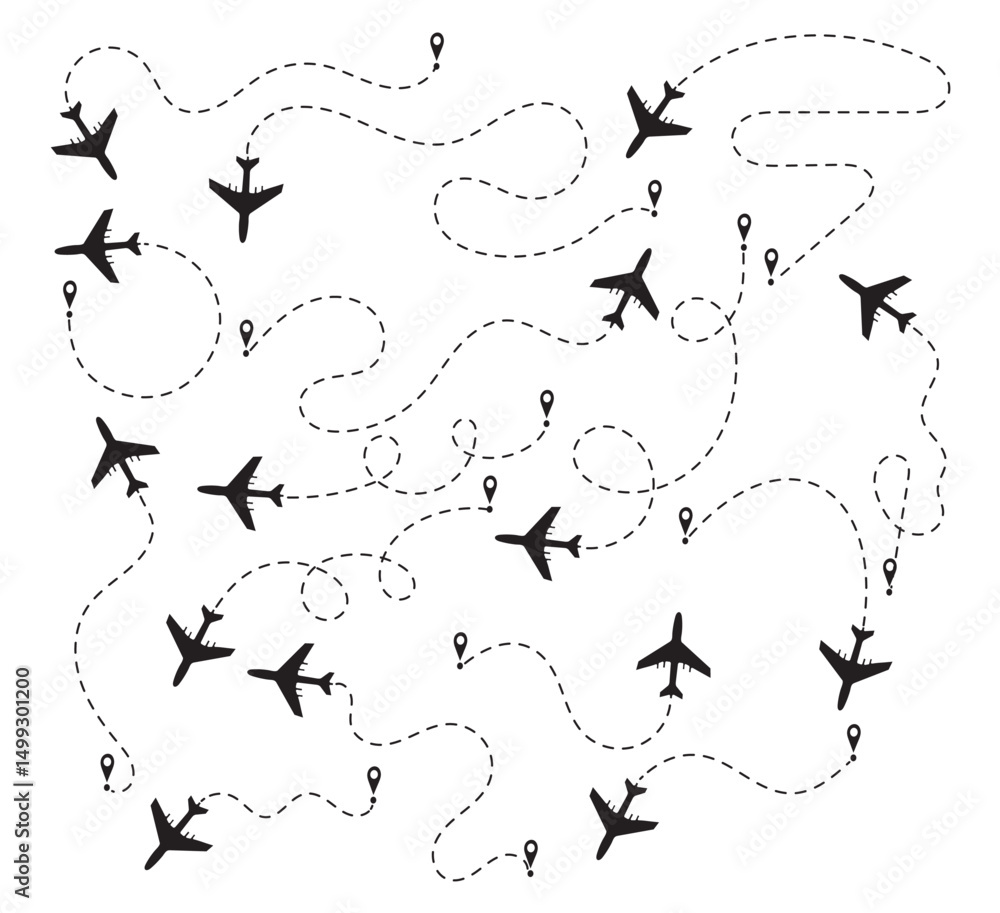 Fototapeta premium Airplane Flight Path Vector Background – Dotted Travel Route Icons