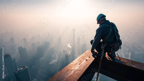 Worker tightening bolt on steel beam high above cityscape, looks pensive