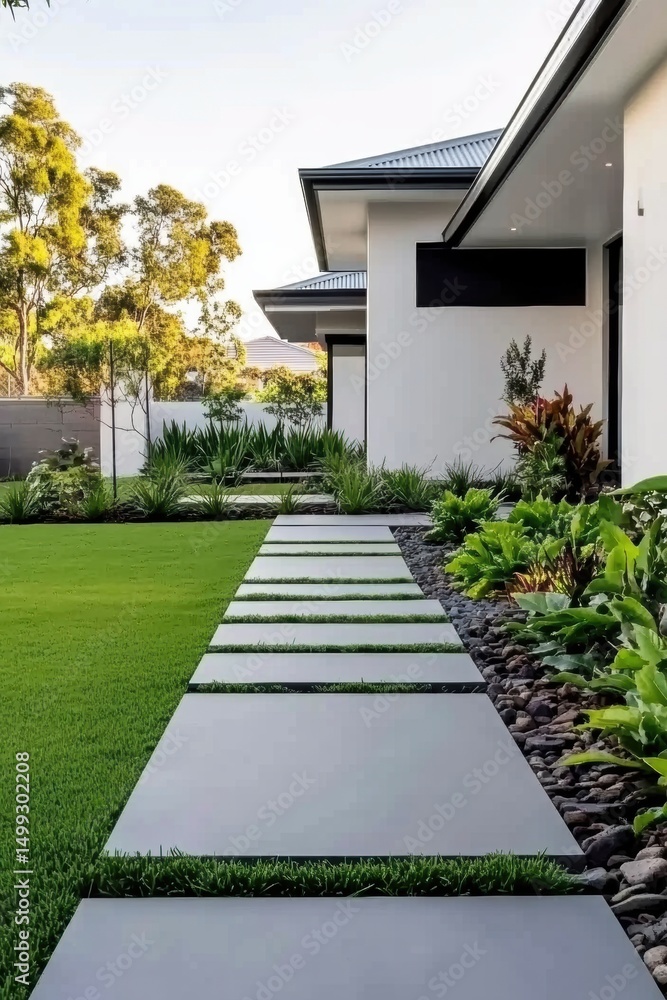 Obraz premium Modern garden pathway lined with stones in a contemporary landscape design surrounded by lush greenery
