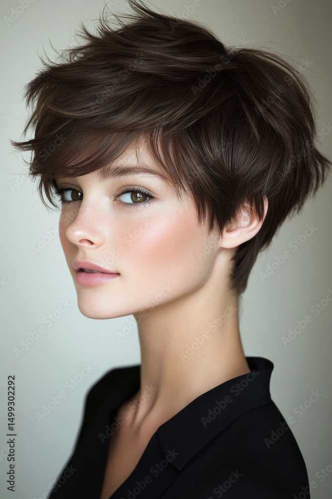 Fototapeta premium Stylish short haircut showcases modern sophistication in a portrait taken indoors with soft lighting