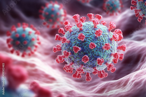 Depiction of a virus structure highlighting spikes and cellular interactions in a microscopic environment