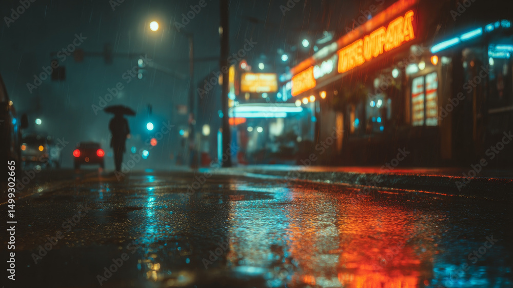Obraz premium City street at night reflects neon in puddles, creating lonely, damp scene