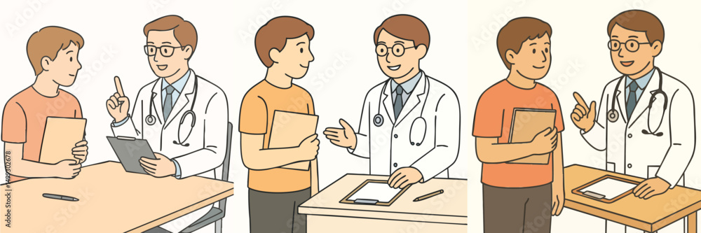 Collection of male doctor and male patient sitting face to face at consultation table vector flat design style Collection of male doctor and male patient sitting face to face at consultation table vector flat design style