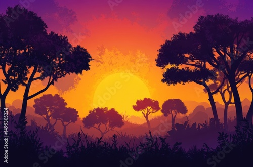 Silhouettes of trees against a glowing orange and purple sunset