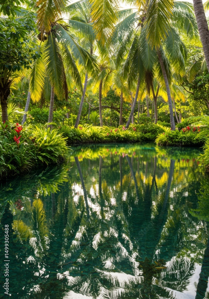 Fototapeta premium Lush Green Tropical Paradise with Palm Trees Reflected in Still Water