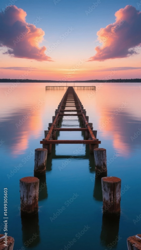 Fototapeta premium A wooden pier extending into a calm lake at sunset
