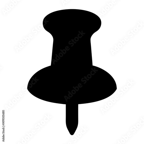 A bold black silhouette of a pushpin against a white background
