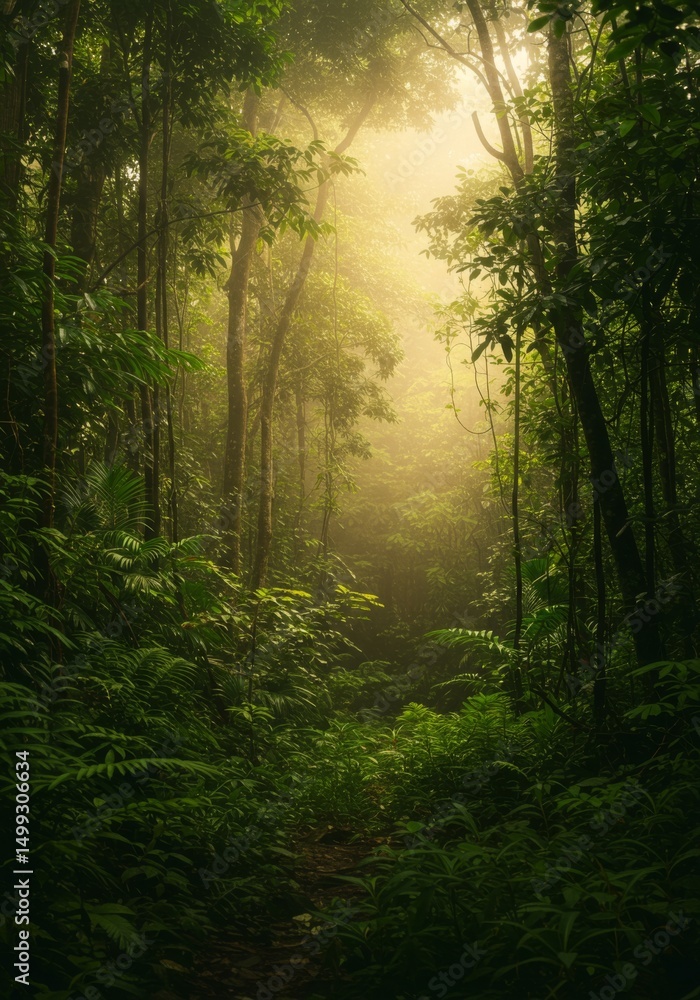 Obraz premium Sunlit Path Through Lush Tropical Forest