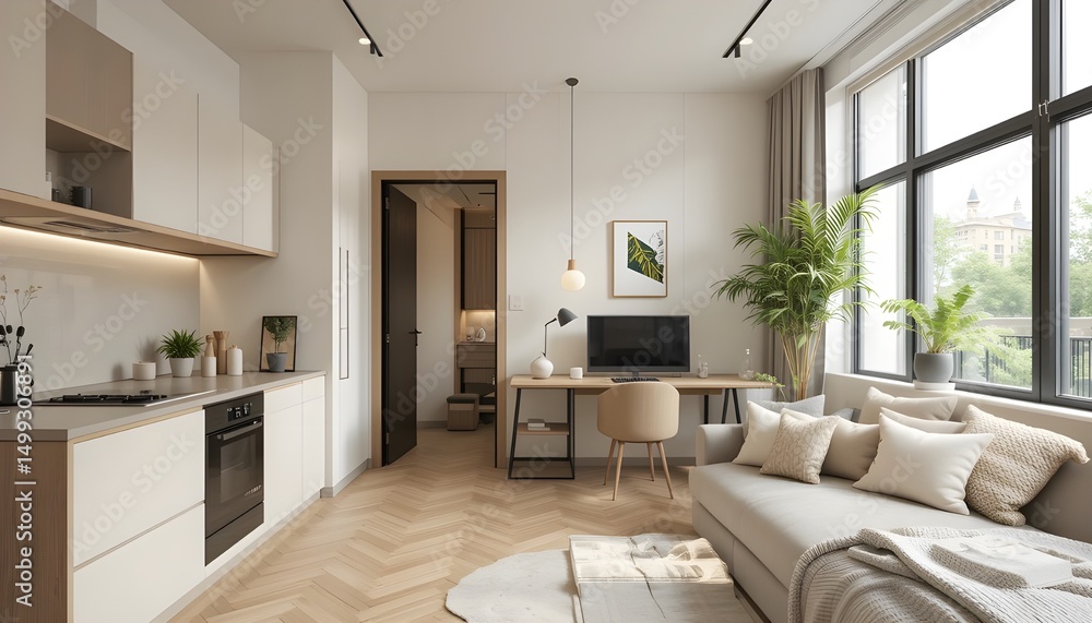 Fototapeta premium This tiny apartment has a 20m² studio, a kitchen, a bedroom, a living room, a dining room, a home office, a huge side window with low lighting, classic décor, a soft, minimalist look, and a few pots w